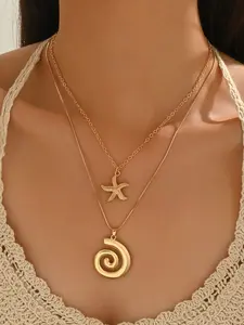 Boho Beach Layered Necklace Set, Starfish & Spiral Conch Pendant, Minimalist Summer Jewelry for Women, Boho Style Jewelry, Party Vacation Festival Wedding Gift