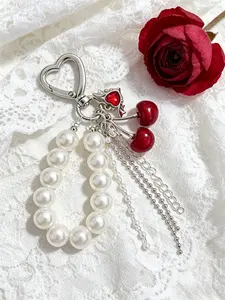 Luxury Faux Pearl Cherry Bag Charm Keychain - Heart Clasp Pearl Wrist Strap Tassel Chain Sparkly Cherry Accessory Trendy Cute Keychain for Gifts, Bags & Daily Use