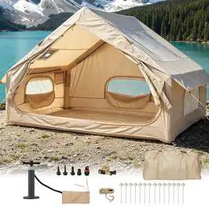 Inflatable Tent for Camping – Easy Setup Blow Up Tent with Skylight, 210D Oxford Family Glamping Tent for 4 Person, Portable Air Tent with Stove Jack for Outdoor Park Picnic Beach