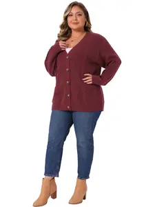 Agnes Orinda Women's Plus Size V Neck Button Down Cardigan Sweaters Long Sleeve Knit Cardigans Casual Oversized Jacket