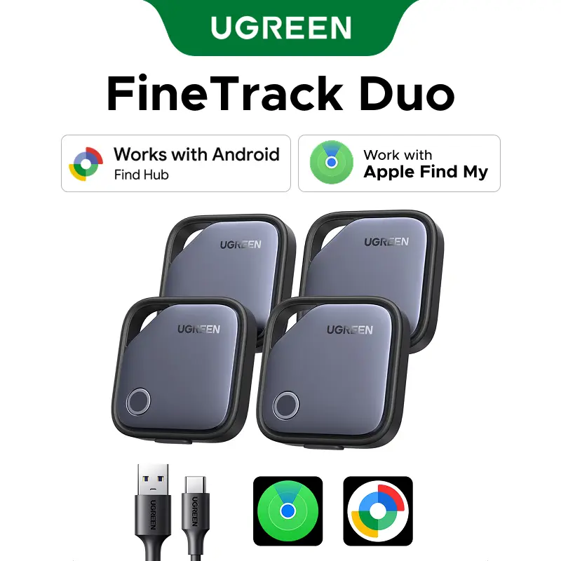 UGREEN Finder Duo (iOS and Android) Air Tracker Tags 4 Pack, 1-Year USB-C Rechargeable Battery Bluetooth Tracker Compatible with Apple Find My or Find Hub App, Item Finder Smart Tag for Key Luggage summerwins