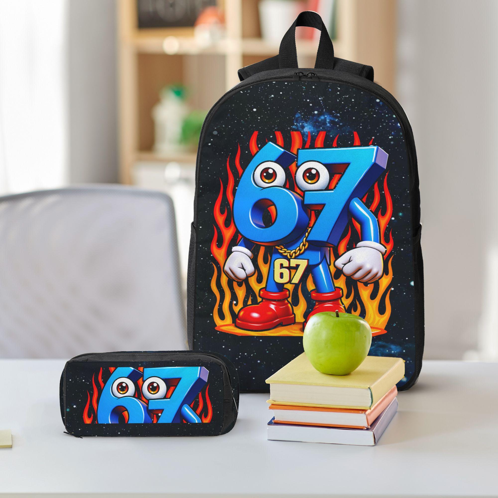 ‘67’Backpacks, shoulder bags, and storage bags in packs of 1, 2, or 3, featuring a flame-themed blue "67" cartoon character, gold chain, and red boot pattern. 2D print. Stylish and versatile, suitable for urban life, commuting, school, and everyday use.