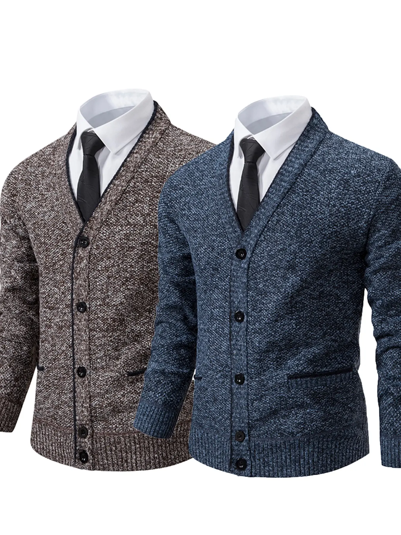 Men's Two-Piece Fleece Lined V-Neck Button Long Sleeve Cardigan, Thick Knitwear Fall Winter Warm Business Casual Top, Pocketed Outerwear for Various Occasions Cardigans Sweaters