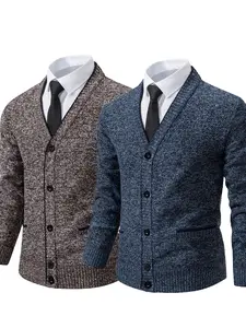 Men's Two-Piece Fleece Lined V-Neck Button Long Sleeve Cardigan, Fall Winter Warm Business Casual Top, Pocketed Outerwear for Various Occasions