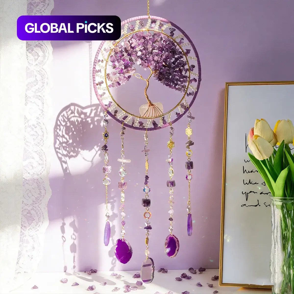 Handmade Bohemian Tree of Life Dream Catcher and Sun Catcher, Crystal and Gemstone Home Hanging Decoration, Natural Agate Pendant Room, Window Patio Creative Decoration, Boho Decoration, Wall Art Hanging, Birthday Gift, Outdoor Indoor Decor #GLOBAL PICKS
