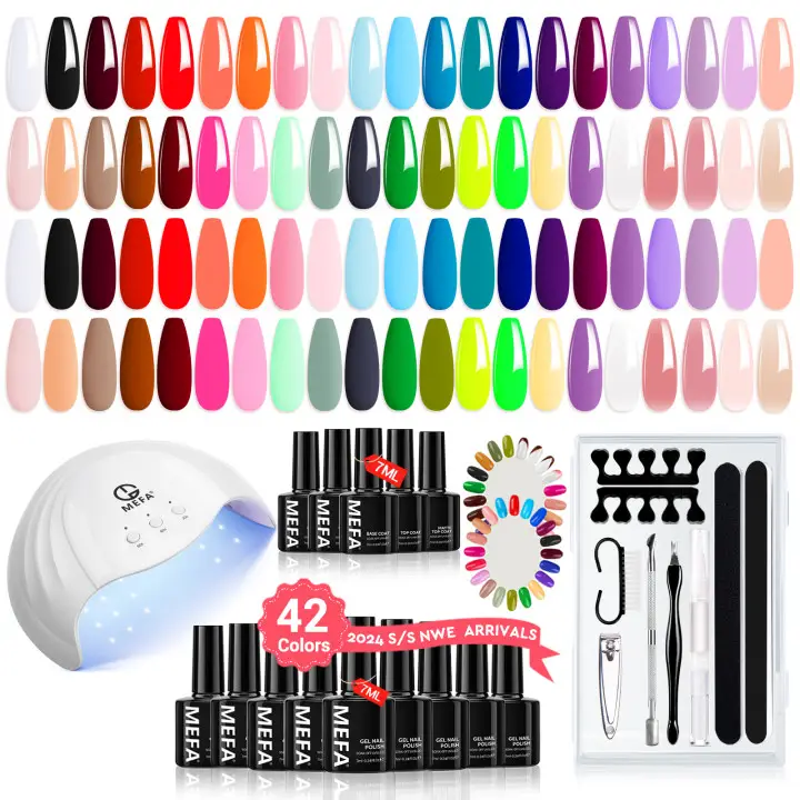 [Clearance]MEFA 42 Colors Gel Nail Polish Kit with 48w UV Nail Lamp, 500Pcs Nail Tips Kit, All Season Colors with Base Coat Matte/Glossy Top Coat, Nai