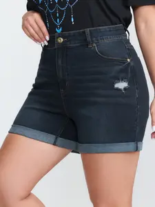 Women's Midnight Basic Plus Size Embroidered Straight-Leg Denim Bottom Shorts, Spandex Fabric Lady Garment with Tummy Control, Pocket & Fit Design, M-6X 2026 Summer Turn-Up Pick for Mother's Day 2026 Summer Vibes Swimweek