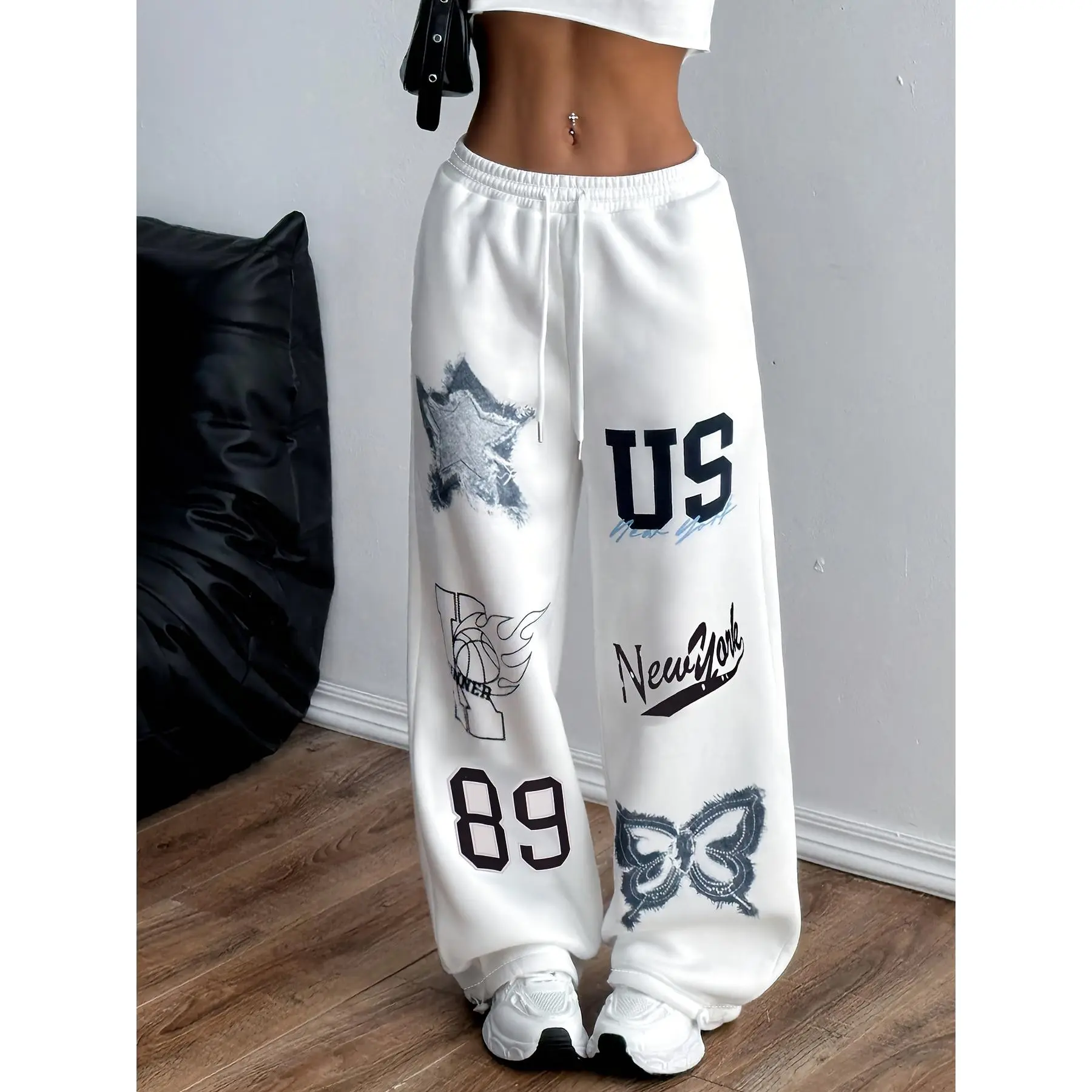Women's Casual Print Drawstring Sweatpants - Street Style Athletic Pants with Butterfly & Wing Design, White Polyester Long Trousers for Casual Attire, Street Style Apparel |   Geometric Print Pants |   Drawstring Closure, Ladies Pants Fabric Womenswear