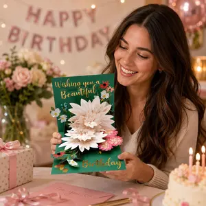 Best-selling birthday bouquet greeting card, handmade folded design, laser engraving, 3D pop-up card, gold foil finish, three-dimensional design