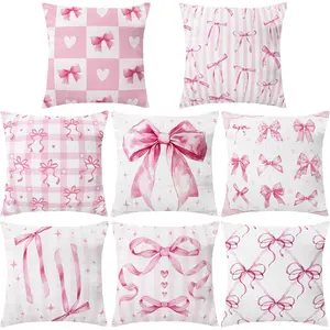 8 Pcs 18x18 Inch Pink Bow Pillow Covers Coquette Pillows Pink Coquette Room Decor Bow Pillowcase Set Watercolor Aesthetic Preppy Room Decoration Bedroom So