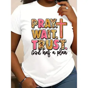 Women's "Pray. Wait. Trust. God Has a Plan" Inspirational TShirt Casual Crew Neck, Short Sleeve, Regular Fit, All-Season Wearvintage graphic tees vintage  graphic  tees top  set Cotton Fabric women shirts womens  fashion.
