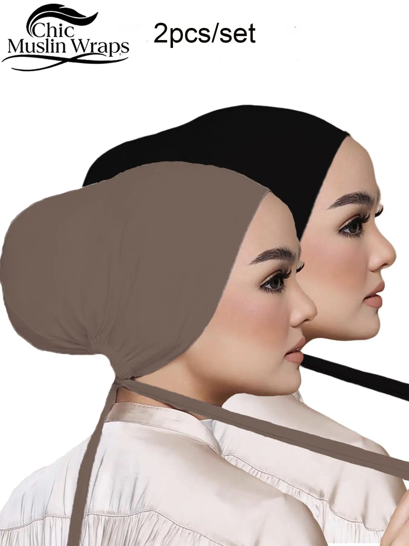 2pcs/set Modal Hijab Caps with Tie Back, Adjustable Jersey Wraps for Women, Solid Color Basic Underscarf Hijab Undercap Abaya Accessories, Modesty