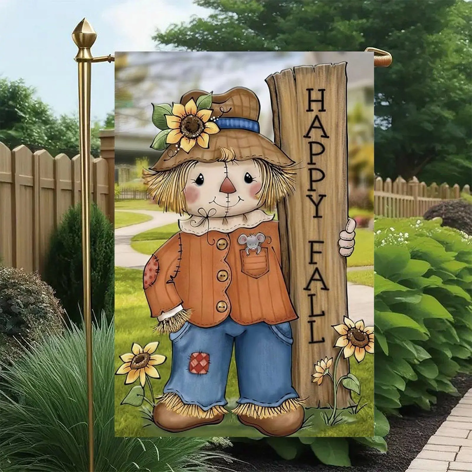 Double-Sided Happy Fall Garden Flag - 12x18in Wooden Sign with Stitched Scarecrow, Mouse, Sunflower, Whimsical Farm Autumn Outdoor Decor for Yard