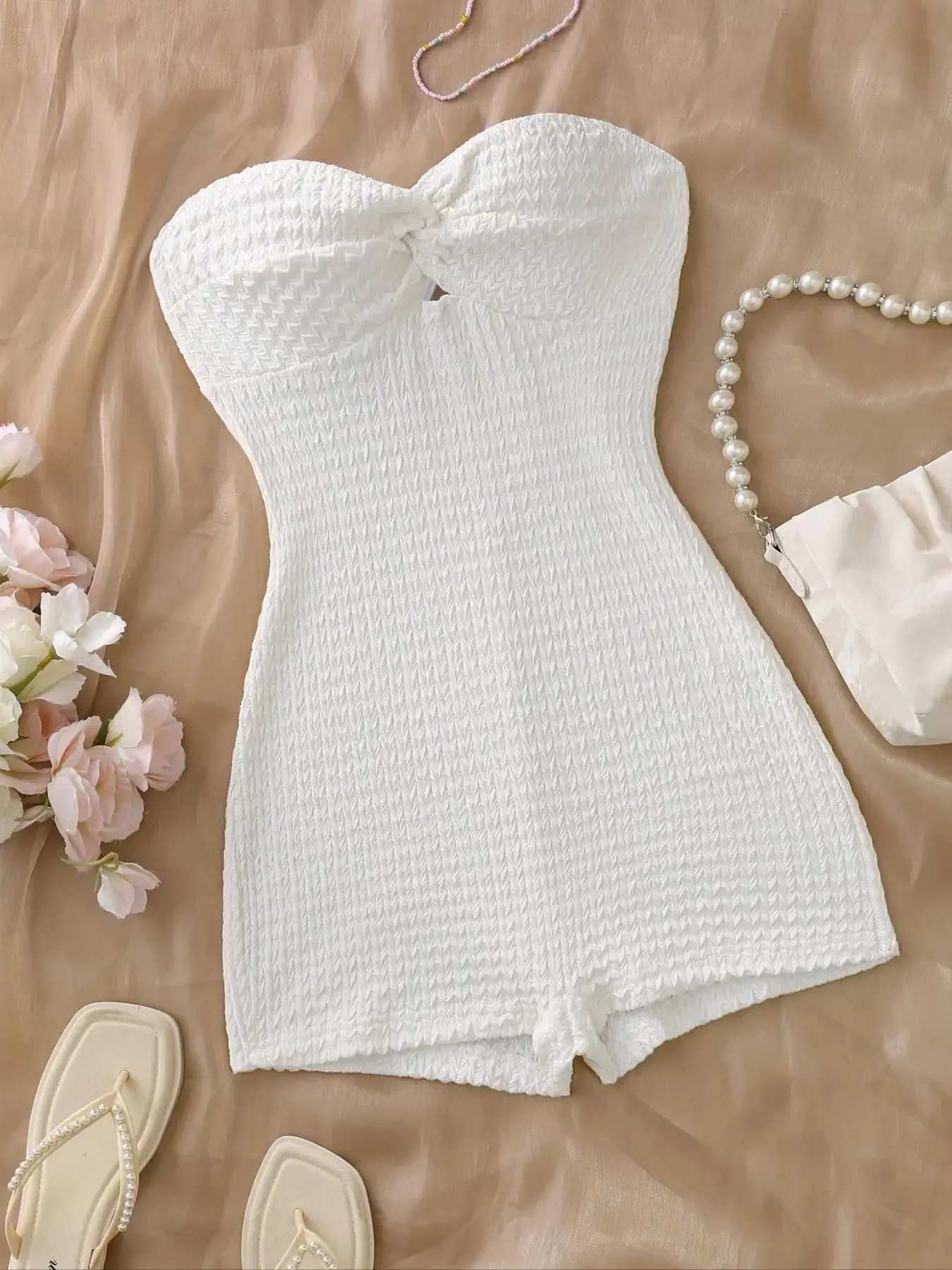 White Strapless Sleeveless Twist Jacquard Knit Romper, Women’s Textured Summer Jumpsuit, Slim Fit Vacation Playsuit, Casual Beachwear & Going Out Outfit breezy elegant bodycon sleek