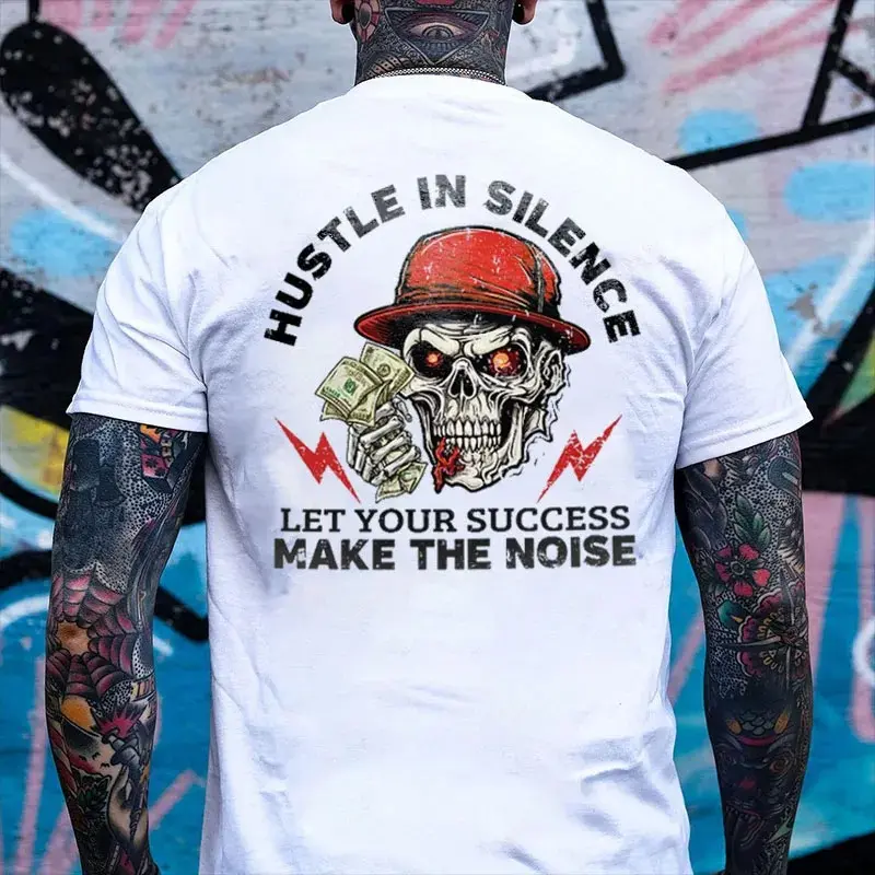 Gildan Men's Fitted Round Neck Short-Sleeve Breathable Cotton Graphic T-Shirt - Basic Menswear Casual Top with "Hustle in Silence" Skeleton Print, Money Print, Bow Detail for Streetwear, All Seasons Tops, Tshirt, Casual Fit, Chinese New Year, Foldable