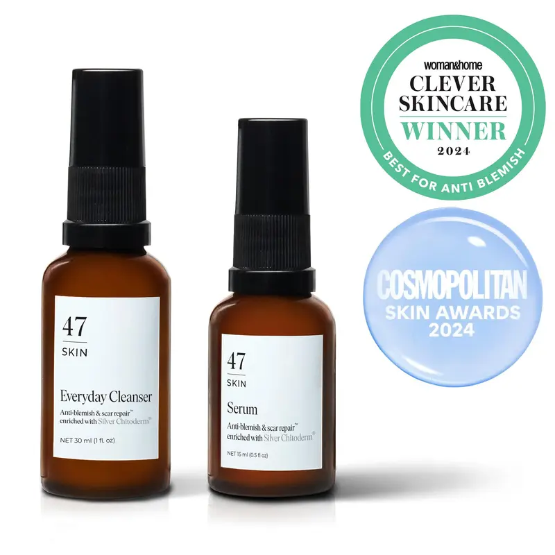 47 Skin 2 Step Cleanse & Protect Trial Set - Everyday Cleanser & Anti-Blemish & Mark Repair Serum Set enriched with Silver Chitoderm