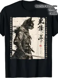 Unisex Graphic Tee Samurai Cat Vintage Japanese Anime Print Casual Design T Shirt Streetwear Style Crewneck Short Sleeve Soft Cotton Breathable Comfortable Fit Relaxed Fit Daily Wear Retro Theme Trendy Aesthetic Fashion Top