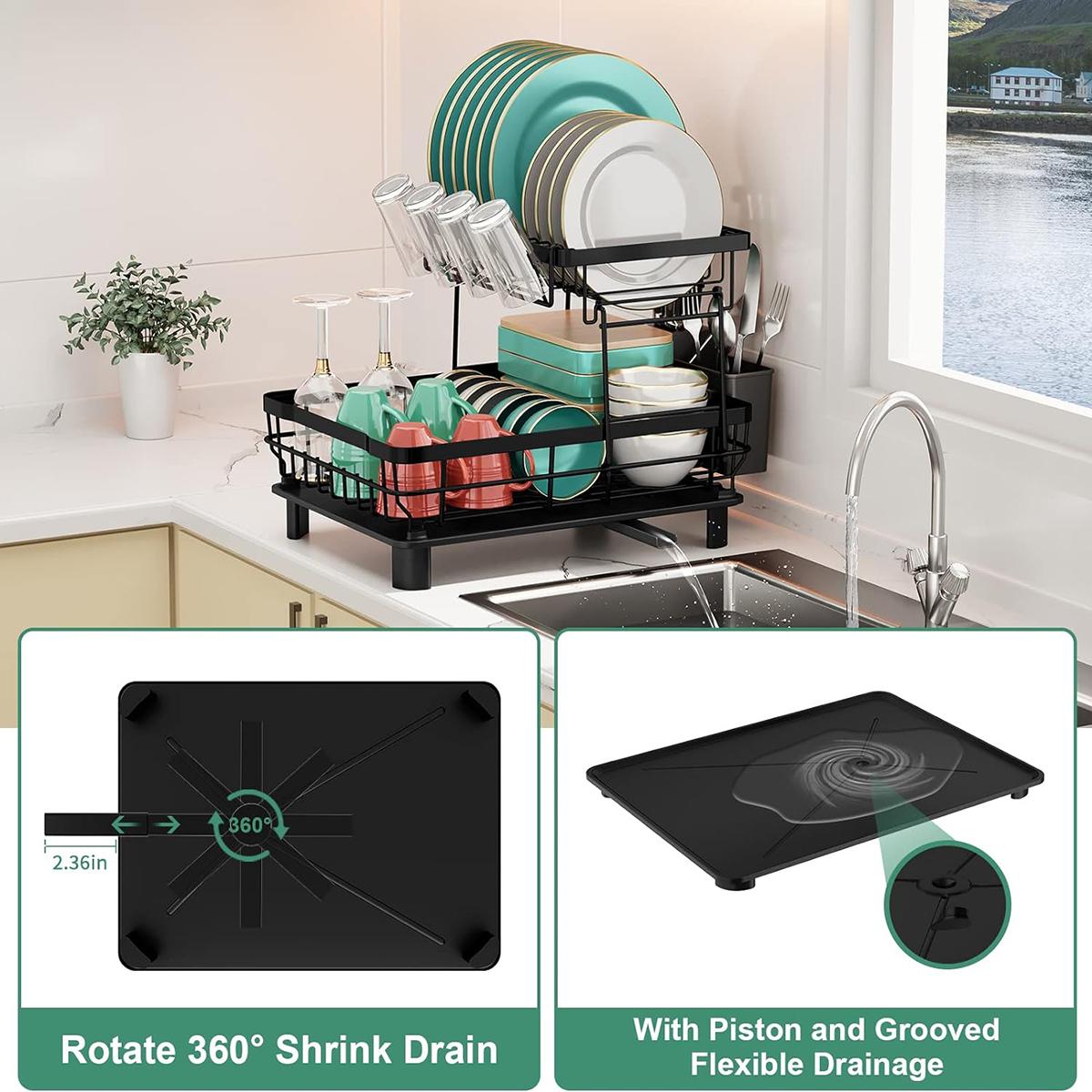 2 Tier Dish Drying Rack with Drainboard Adjustable Spout Utensil Holder and Knife Slots,Space-saving,Suitable for kitchen countertops,Keeps countertops clean and tidy,Easy to install,Beautifully crafted,Rotatable drainage system,Disassembleable