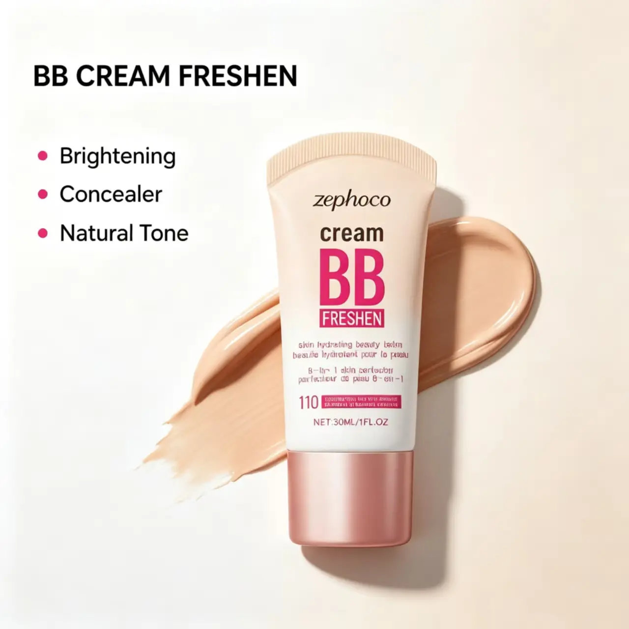 Zephoco Natural Tone Brightening Concealer BB Cream - 30ml Cream Tube for Sensitive Skin, Mild Hydrating, Lightweight, Glowing Finish, Blemish-Concealing, Daily Base Makeup, Medium Cover, Smooth, Moisturizing, Nourishing, Silky Cosmetic