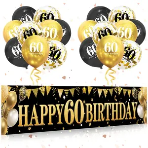 60th Birthday Banner & Balloons, Black & Gold Yard Kit for Men & Women, Indoor/Outdoor Decoration