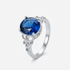 【HXS】925 Sterling Silver Oval Blue Sapphire Ring Floral Filigree Engagement Promise Ring for Women