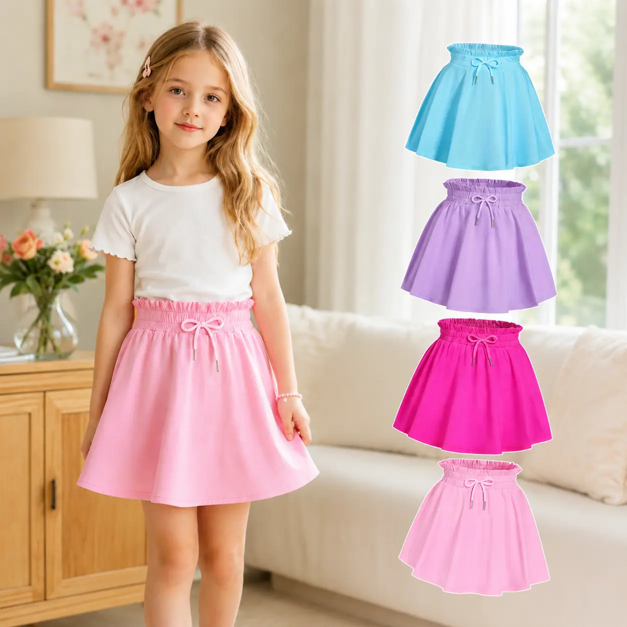 Girls' 4-Piece Summer Stretch High-Waisted Skirt Set with Built-In Shorts, Skate-Ready Fit, Tennis-Move Flex, Sporty Look Fits Schoolyard Days, Flowy Sport Bottoms