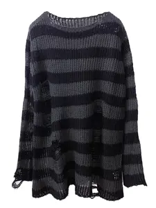 Women's Striped Print Ripped Boat Neck Sweater, Casual Punk Lightweight Long Sleeve Jumper for Daily Outdoor Wear, Women's Knitwear for Spring & Fall, Fashion, Womenswear