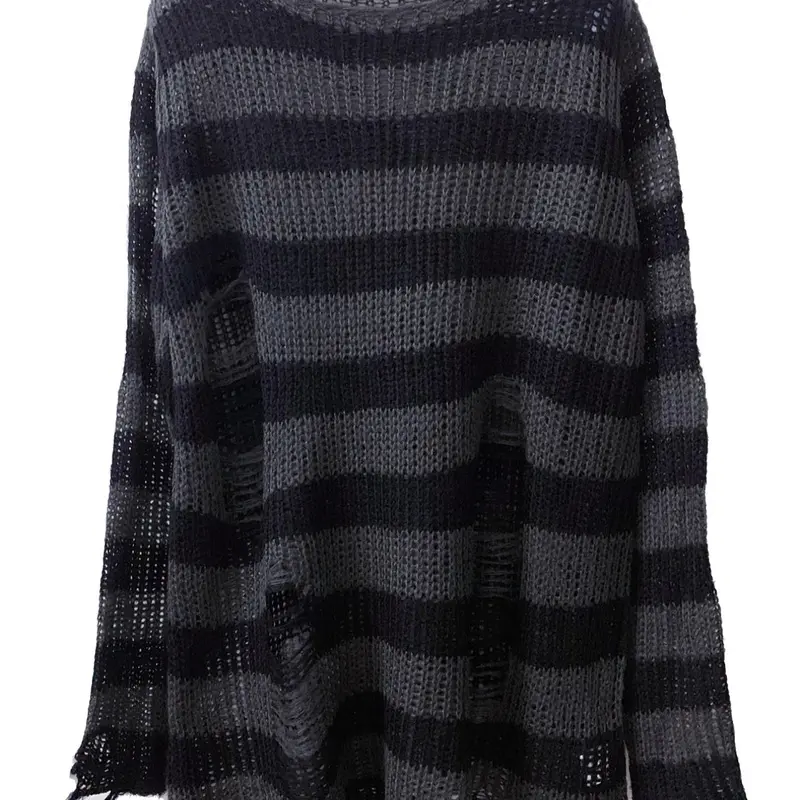 Women's Striped Print Ripped Boat Neck Loose Oversized Sweater, Lady Casual Punk Lightweight Long Sleeve Jumper for Daily Outdoor Wear, Women's Knitwear for Spring & Fall, Fashion, Womenswear, Garment, Striped Knitted Sweater