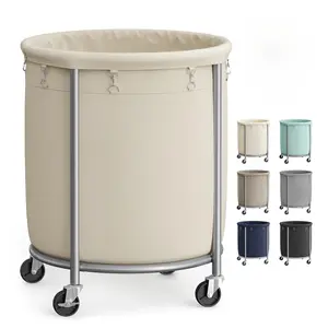 Laundry Basket with Wheels, Rolling Laundry Hamper, Round Laundry Cart with Steel Frame and Removable Bag, Organiser