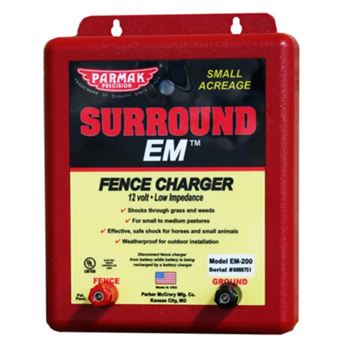 Parker McCrory EM-200 12V UL Listed Fence Charger Unit, Low-Cost Weatherproof Option for 12V Cars, Battery-Compatible with Dual Flashing Light for Small-Medium Pastures