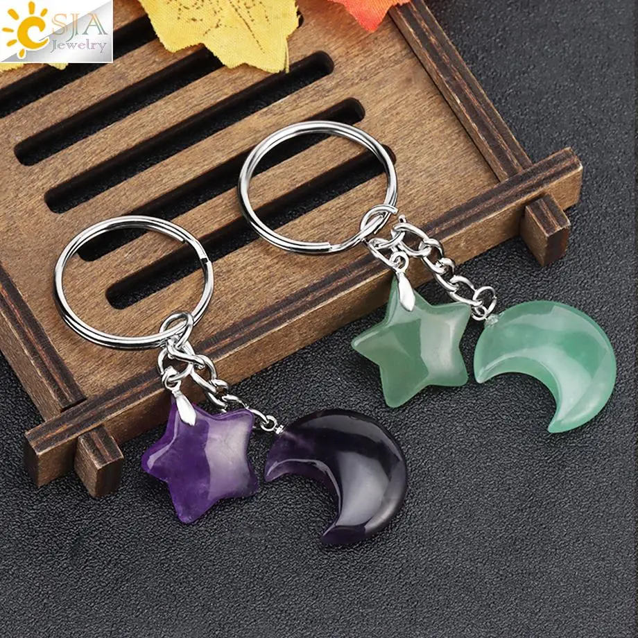 CSJA Healing Natural Stone Keychain Trendy Moon Star Charm Bead Pendant Silver Color Holder Key Ring Car Key Ring Bag Decor H368