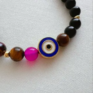 Anti Envy Bracelet - Evil Eye Protection Bracelet, Tiger Eye, Fuchsia Agate & Onyx Beads, Adjustable Silver Charm Bracelet, Natural Gemstone Crystal Bracelet