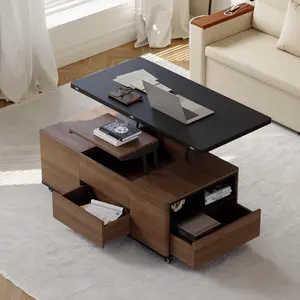 Homary 47" Lift-Top Foldable Walnut Coffee Table with Drawers & Cabinet