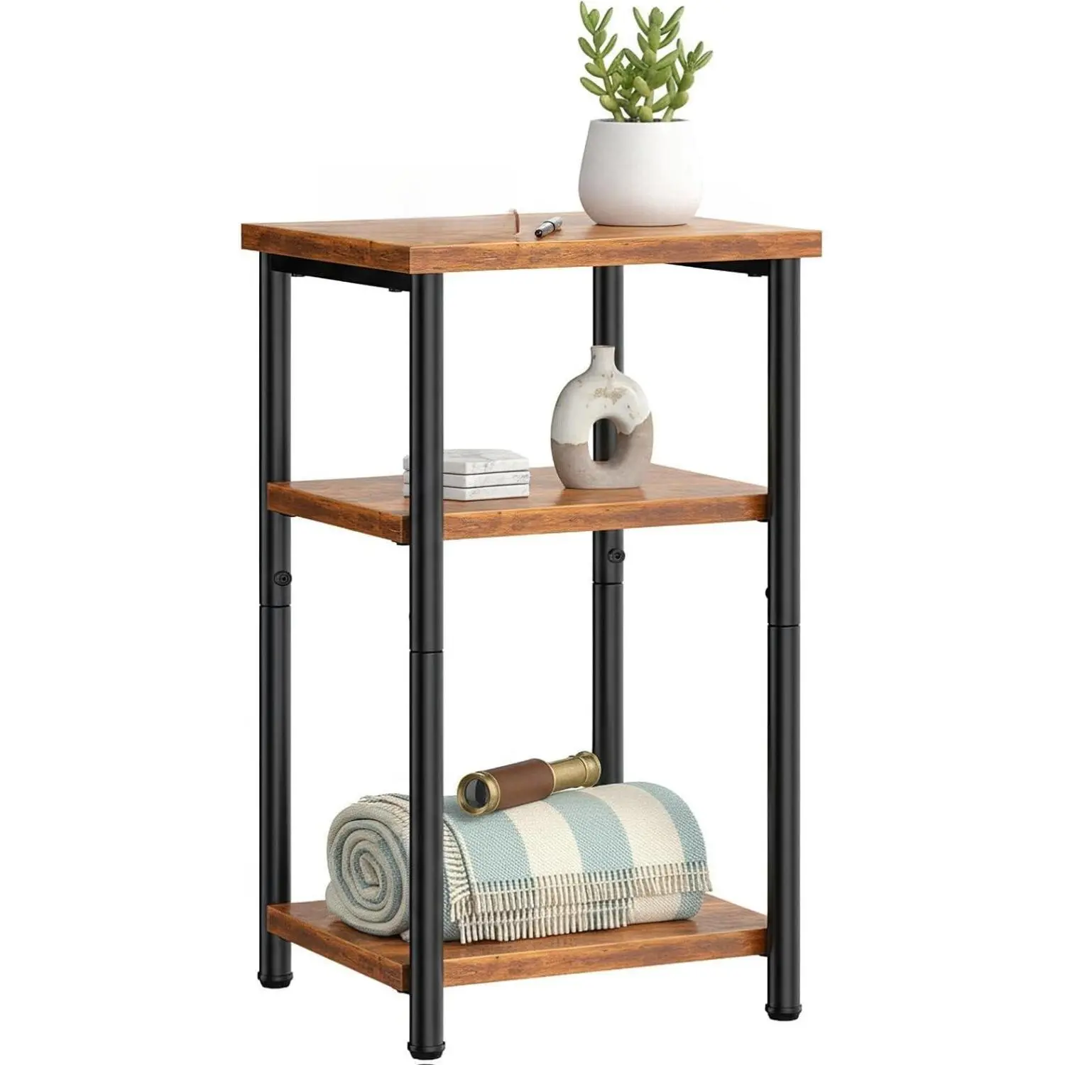 Sweetcrispy Modern 3-Tier Wood-Metal Durable Side Table - Square Frame, Storage Shelf, Adjustable Feet, Lightweight, Easy Cleaning, Quick Setup, Assembly Required, 22kg Capacity, Space-Saving Nightstand for Living Room, Bathroom