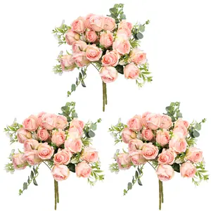 Garfunovo Fake Artificial Flowers 9 Branch 9 Heads  Pink Silk Roses Faux Plant Eucalyptus Flowers Arrangement for Vase Home Farmhouse Bathroom Dining Table Centerpiece Decorations Coffee Table Decor (3PCS)