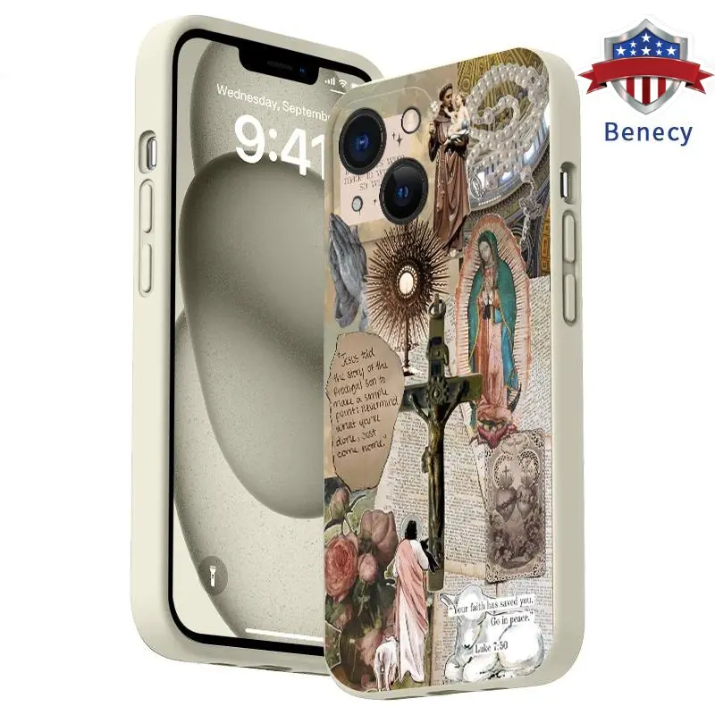 Straight Edge Phone Case for iPhone 15 16 14 Pro Max 13 12 11 XR XS Plus E  Virgin Mary Pattern Anti-Scratch Shockproof TPU Bumper Drop-proof Cover Cellphone Protective
