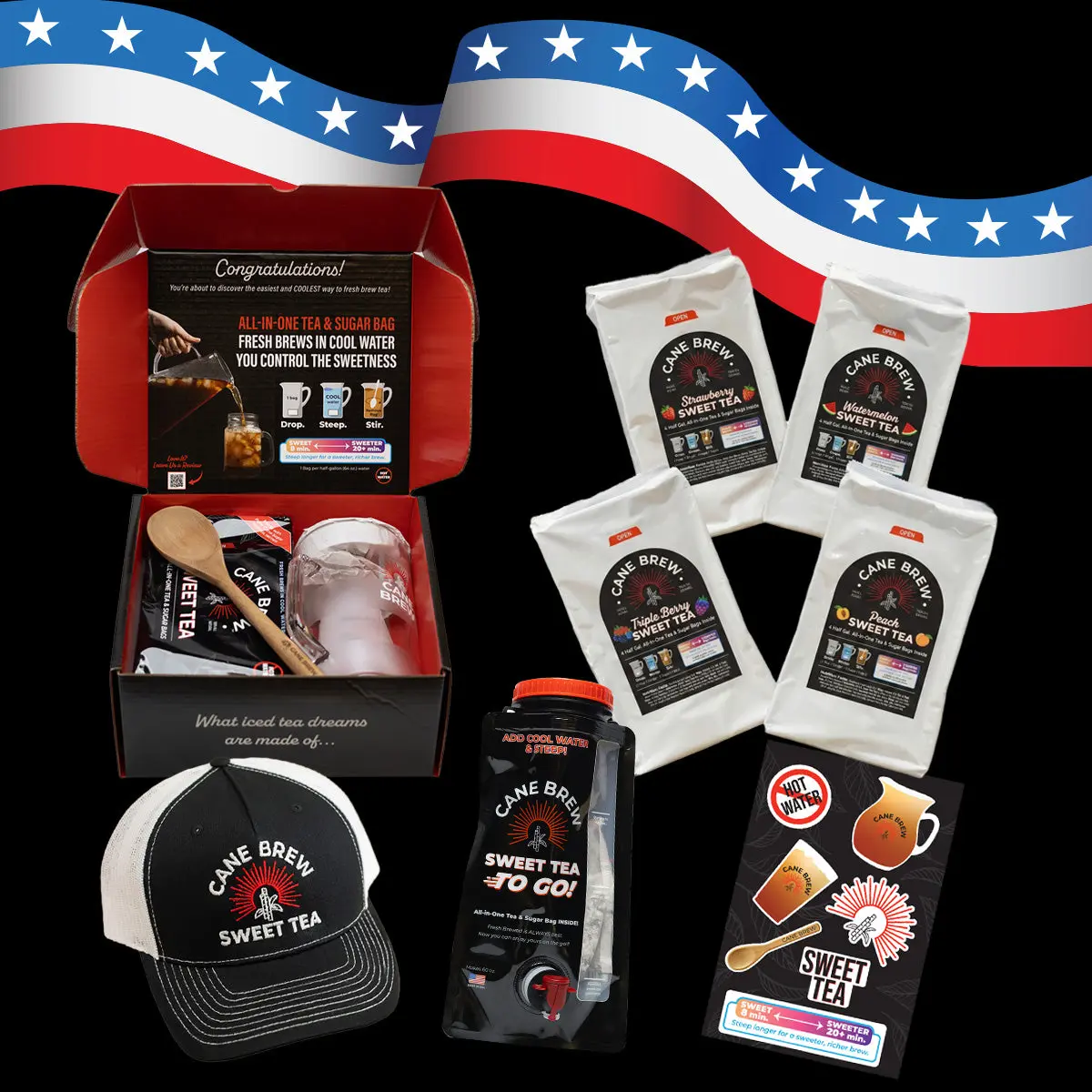 Cane Brew SUPER Summer Starter Kit - Sweet Tea Variety Pack Bundle with Pitcher, Cups & Trucker Hat - Gluten Free - Non-Returnable