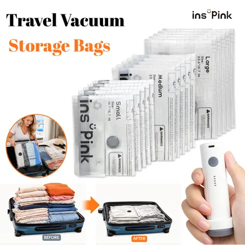 [Inspink] Travel Vacuum Seal Bags with USB Rechargeable Electric Pump - Rectangular Durable Lightweight Clothes Storage Organizer, Space Saver, Large Bags, Travel Organization Pouch for Garment, Outdoor Camping.  Compression Storage Bag