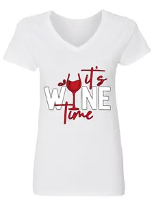 Women's It's Wine Time V-Neck T-Shirt, Playful Red Wine Glass Graphic Tee, Casual Short Sleeve Drinking Apparel for Women, Ideal Gift for Wine Lovers, Moms, Bachelorette Parties and Happy Hour Celebrations