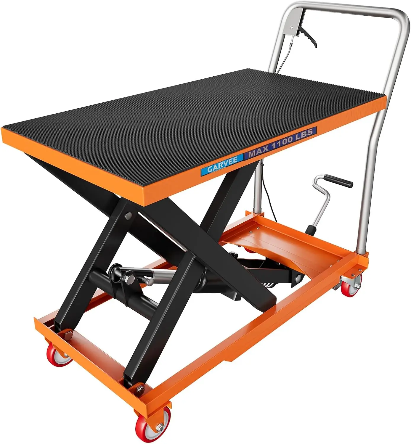 Garvee Hydraulic Lift Table Cart – Heavy Duty Manual Single Scissor Lift with 1100 lbs Capacity, 35.4" Max Height, Steel Platform, Non-Slip Pad & Locking Swivel Casters – Ideal for Warehouse, Garage, Workshop, Factory & Material Handling, Stable, Durable