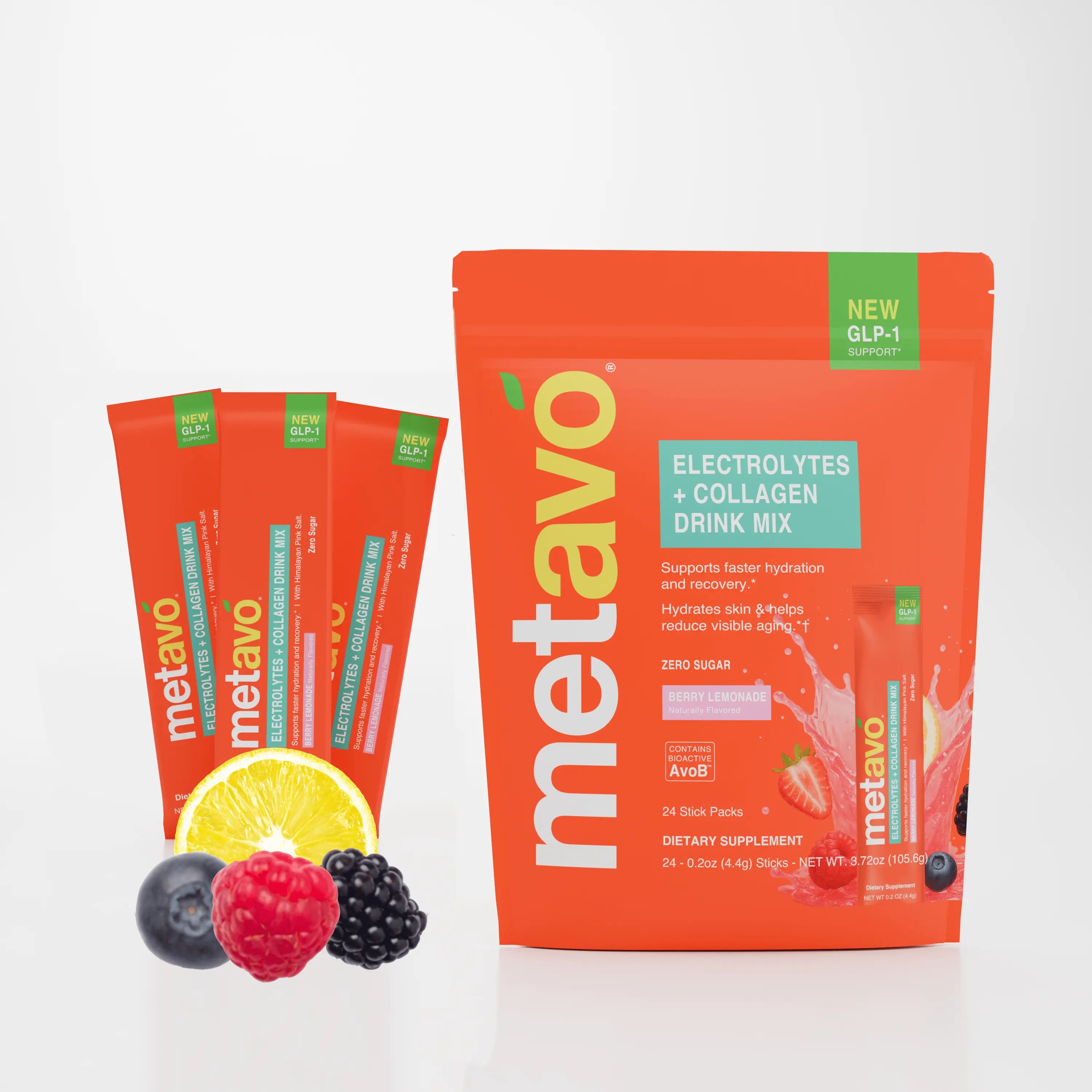 Metavo Electrolytes + Collagen Drink Mix with AvoB™ - Hydration, Recovery & Skin Support- Berry Lemonade