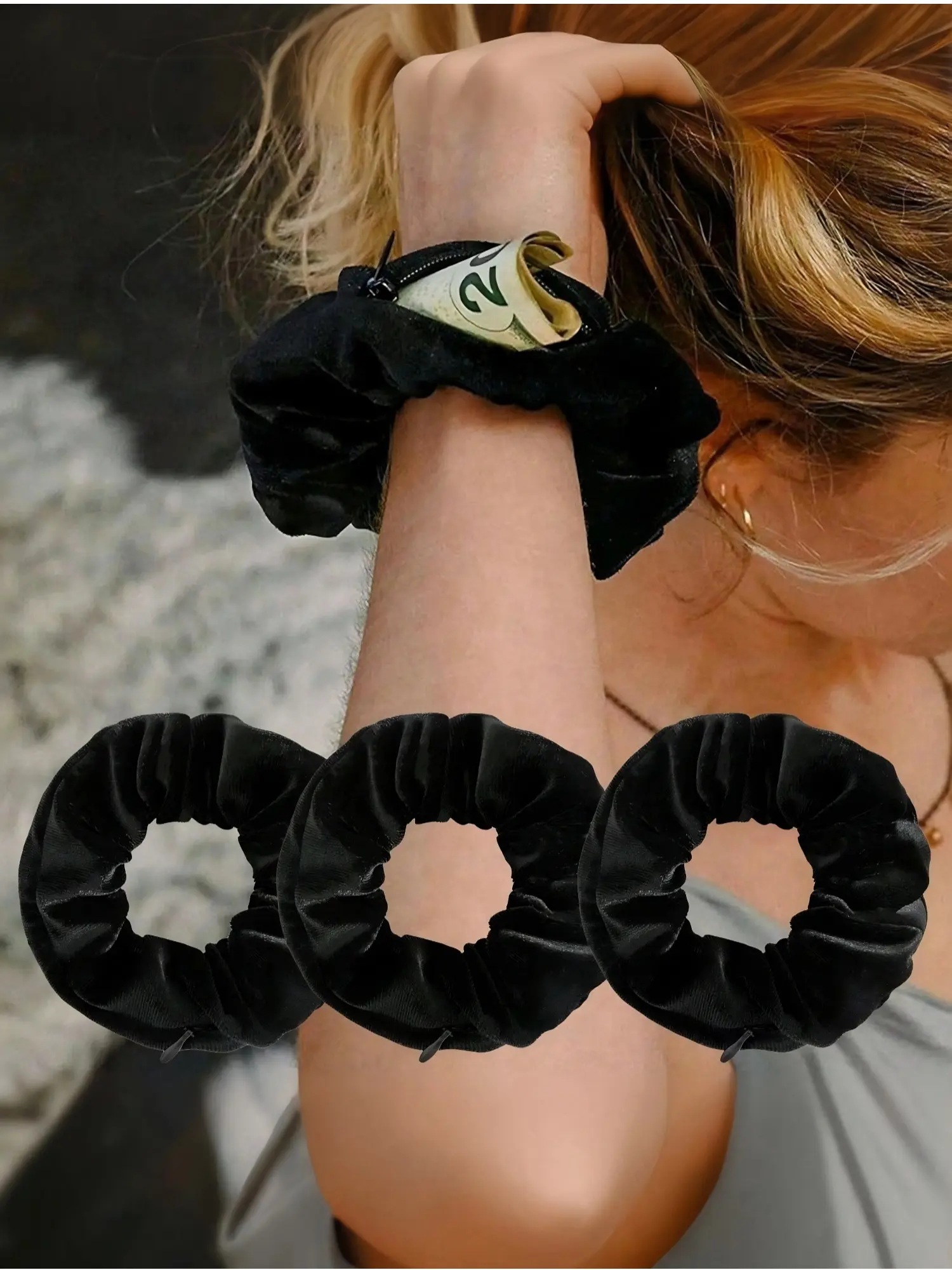 Hair Tie Storage Pouch, 3pcs Portable Money Hider & Organizer, Zippered Velvet Scrunchie Elastic Hair Tie with Secret Pocket for Keys, Cash, Lipstick, Hair Accessories, Elastic Hair Accessory