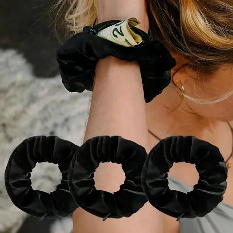 Hair Tie Storage Pouch, 3pcs Portable Money Hider & Organizer, Zippered Velvet Scrunchie Elastic Hair Tie with Secret Pocket for Keys, Cash, Lipstick, Hair Accessories, Elastic Hair Accessory