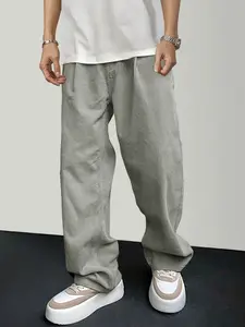 Men's solid color corduroy trousers, Casual Plain Trousers, Loose Fitted straight-leg side pocket, retro classic ribbed elastic waist micro-pleat daily pants, casual fashion Fall winter 2026, soft and comfortable, suitable for clubs, parties Lounge