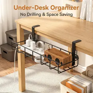 Under Desk Cable Management Tray, No Drill Steel Cable Tray Organizers, Wire Management Tray Cable Rack with Clamp Mount, Metal Under Desk Tray with Wire and Cord Organizer