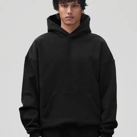 LucidBlanks Menswear 600 GSM Plain Black Core Hoodie, Ribbed Details, Kangaroo Pocket