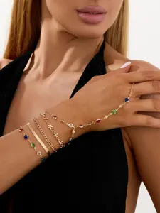 Vintage Metal Finger Chain Bracelets Set, Stackable Bracelets, Boho Style Colorful Crystal Beads, Women's Daily Wear Jewelry, Holiday Gift, Stacking Bracelet