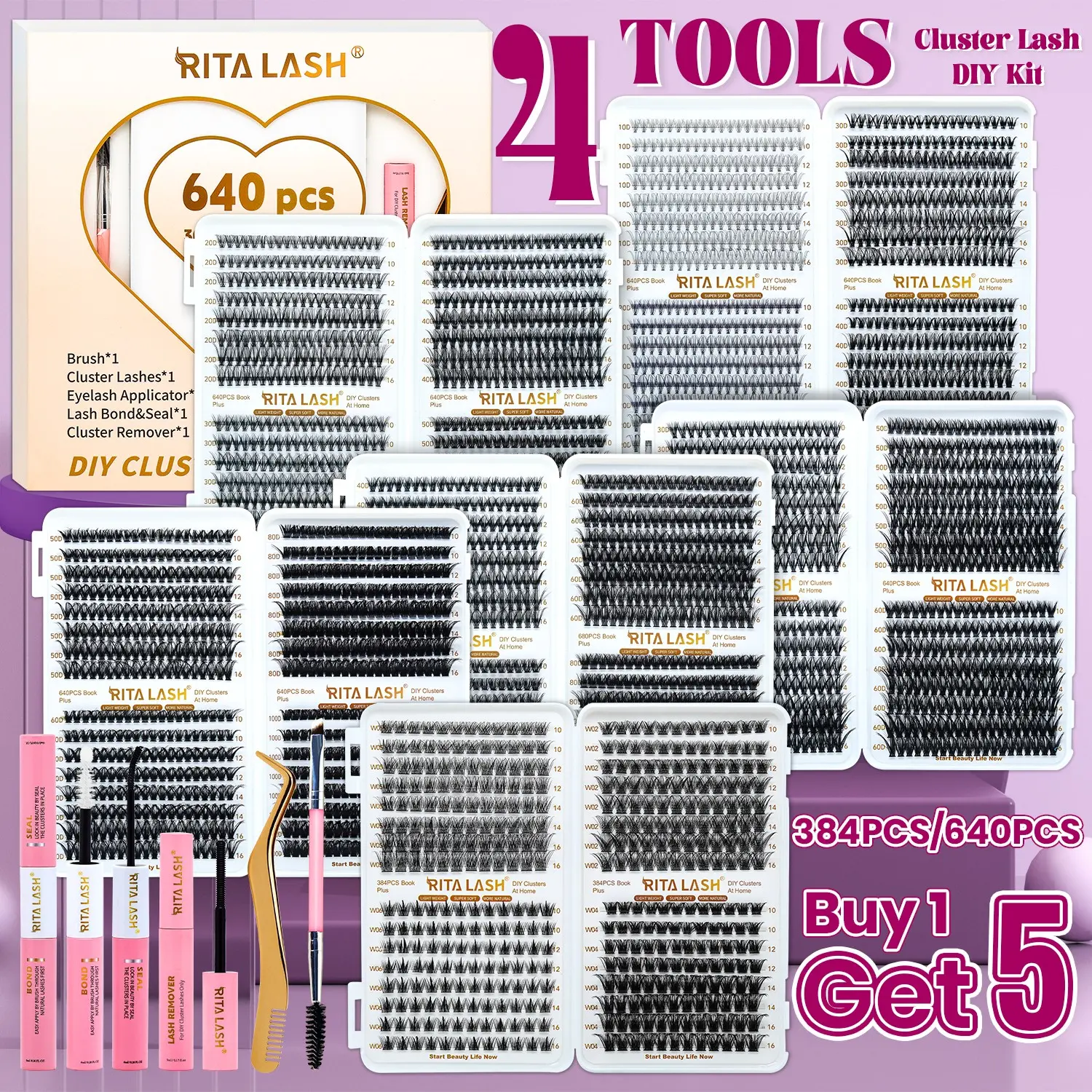 RITALASH 640/384pcs 6 Nature Styles Lash Clusters Kit, Cosmetic False Lashes, 10D/20D/30D/40D/50D/60D Eyelash Clusters Extensions with Essentials for Beginners & Proficient, DIY at Home with Bond & Seal Remover Double-Ended Eyelashes Clusters Kit