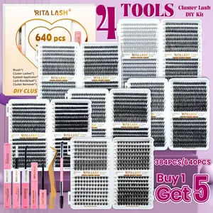RITALASH 640/384pcs 6 Nature Styles Lash Clusters Kit, Cluster Eyelashes Kit, 10D/20D/30D/40D/50D/60D/W05/W06 Eyelash Clusters Extensions with Essentials for Beginners & Proficient, DIY at Home Easily with Bond & Seal Remover Double-Ended