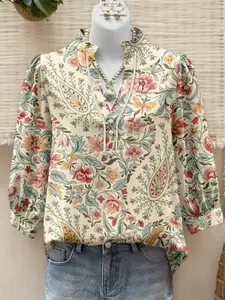 Vintage Floral Print Blouse for Women Long Sleeve Boho Top Holiday Christmas New Year Valentines Outfit Casual Chic Top